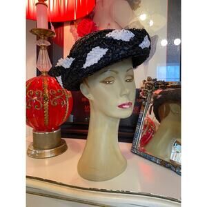 vintage 1950s black and white straw hat wide turned up brim 50s fashion summer